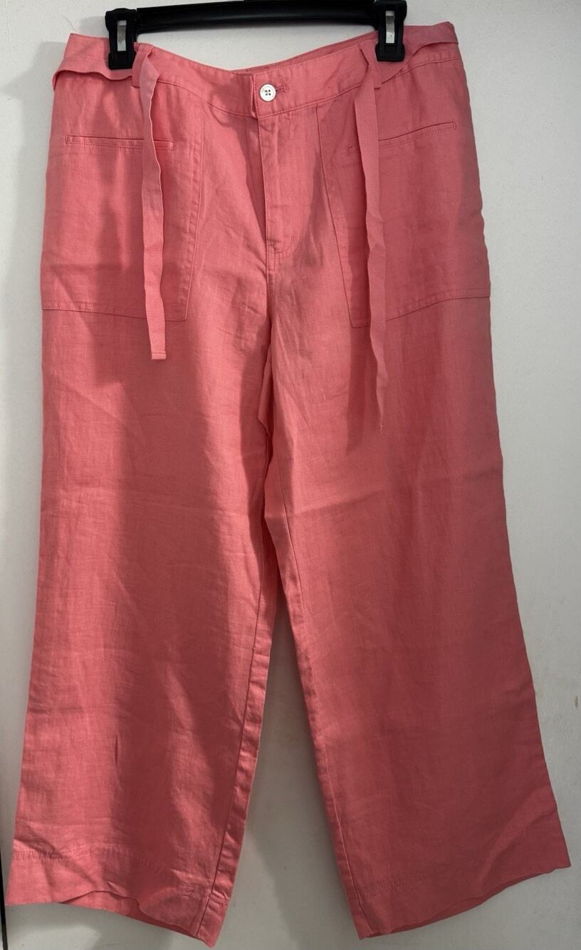 So Blue Sigrid Olsen Women’s Coral 100% Linen Pants Belted Waist Size 10